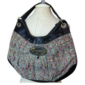 Coogi y2k 90s Grail Handbag Women's Gray Linen Leather Trim Logo Shoulder Bag